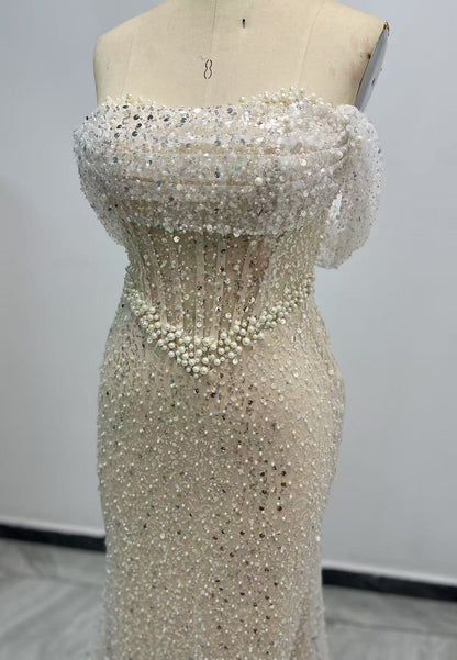 G3275 - Chic & Modern Beaded Off-Shoulder Pleats Champagne Party Prom Evening Dresses