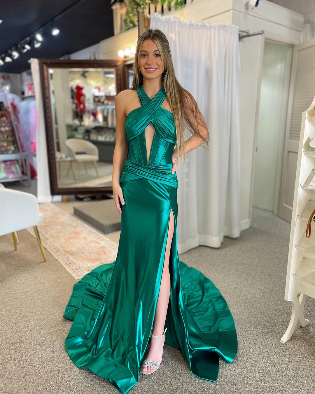 Sheath Halter Sleeveless Prom Dress with Slit Ruched Floor-Length Evening Party Dress