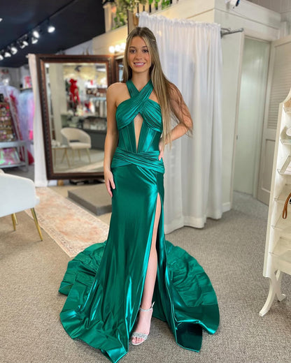 Sheath Halter Sleeveless Prom Dress with Slit Ruched Floor-Length Evening Party Dress