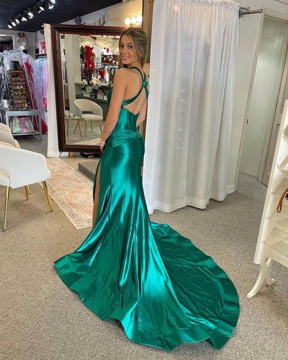 Sheath Halter Sleeveless Prom Dress with Slit Ruched Floor-Length Evening Party Dress