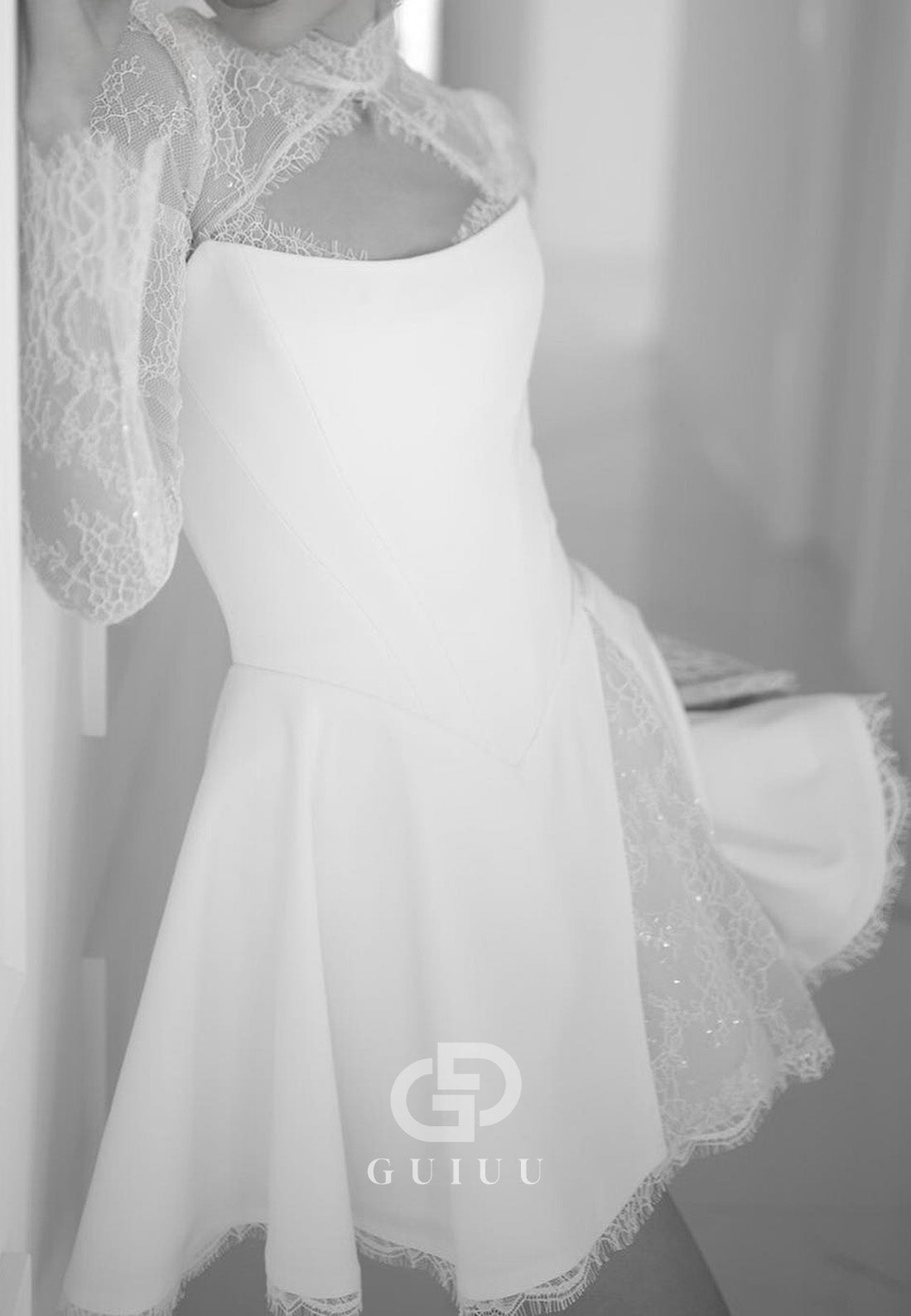 Charming Long Sleeves High Neck A-Line Short Wedding Dress