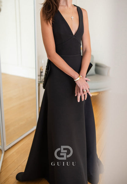 Black Spaghetti Straps V-Neck Bowknot Evening Dress