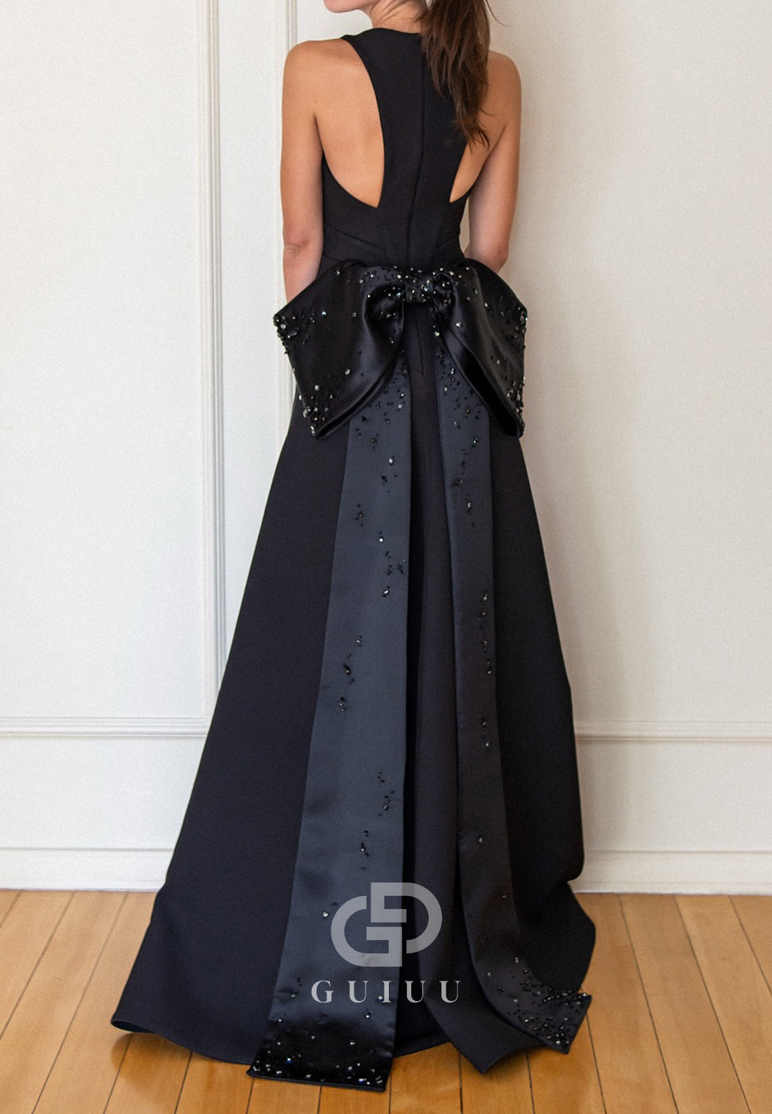 Black Spaghetti Straps V-Neck Bowknot Evening Dress