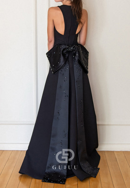 Black Spaghetti Straps V-Neck Bowknot Evening Dress