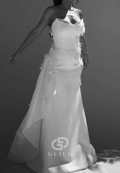 A-Line Sleeveless Strapless Ruched Sweep Train Wedding Dress