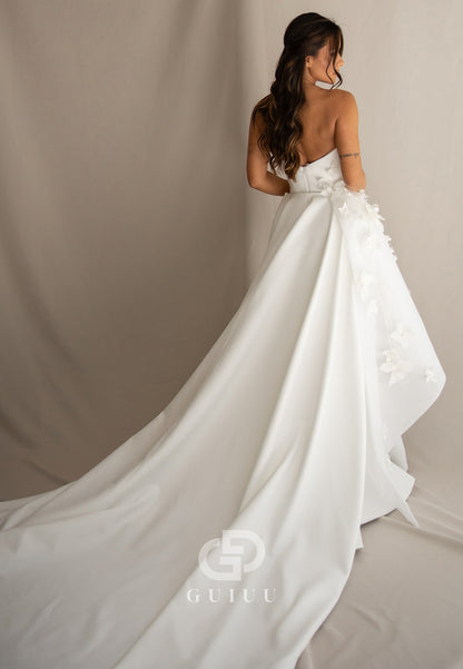 A-Line Sleeveless Strapless Ruched Sweep Train Wedding Dress