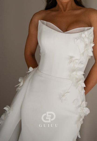 A-Line Sleeveless Strapless Ruched Sweep Train Wedding Dress