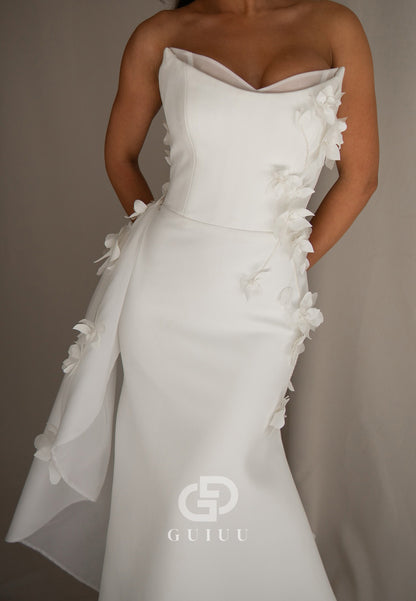 A-Line Sleeveless Strapless Ruched Sweep Train Wedding Dress