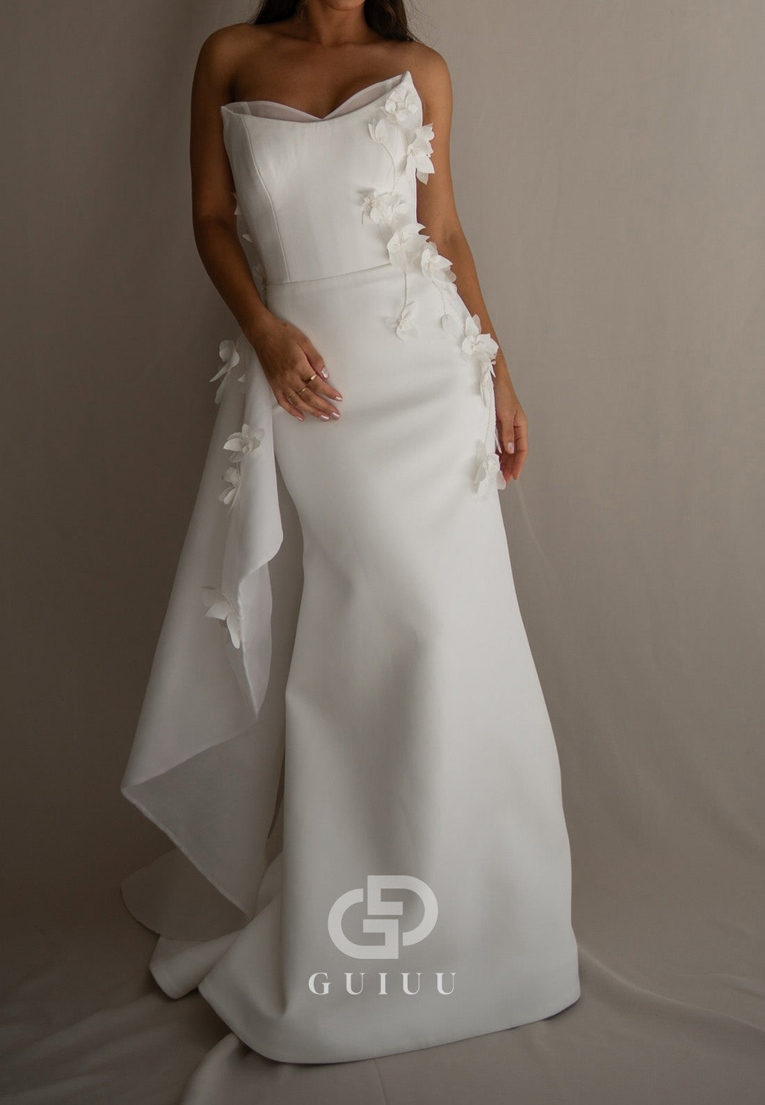 A-Line Sleeveless Strapless Ruched Sweep Train Wedding Dress