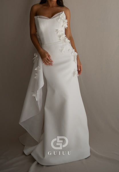 A-Line Sleeveless Strapless Ruched Sweep Train Wedding Dress
