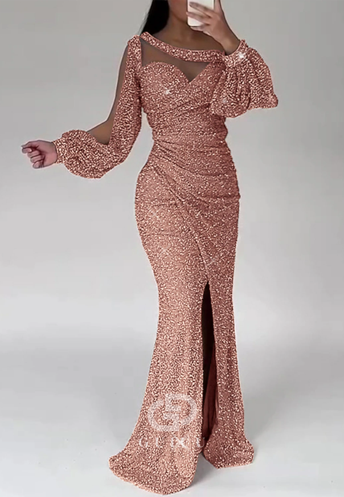Asymmmetrical Long Sleeves Slit Sequins Floor-Length Evening Dress