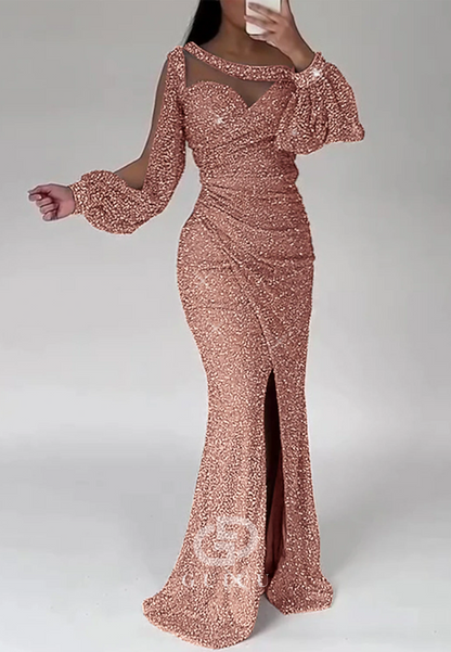 Asymmmetrical Long Sleeves Slit Sequins Floor-Length Evening Dress