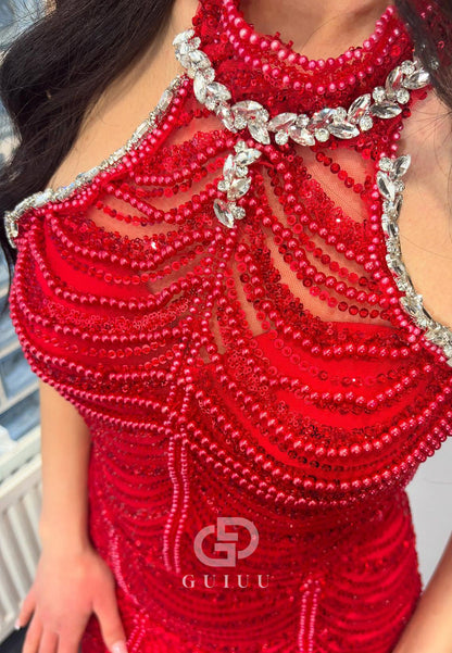 Red Halter Sleeveless Pearls Sheath Prom Dress