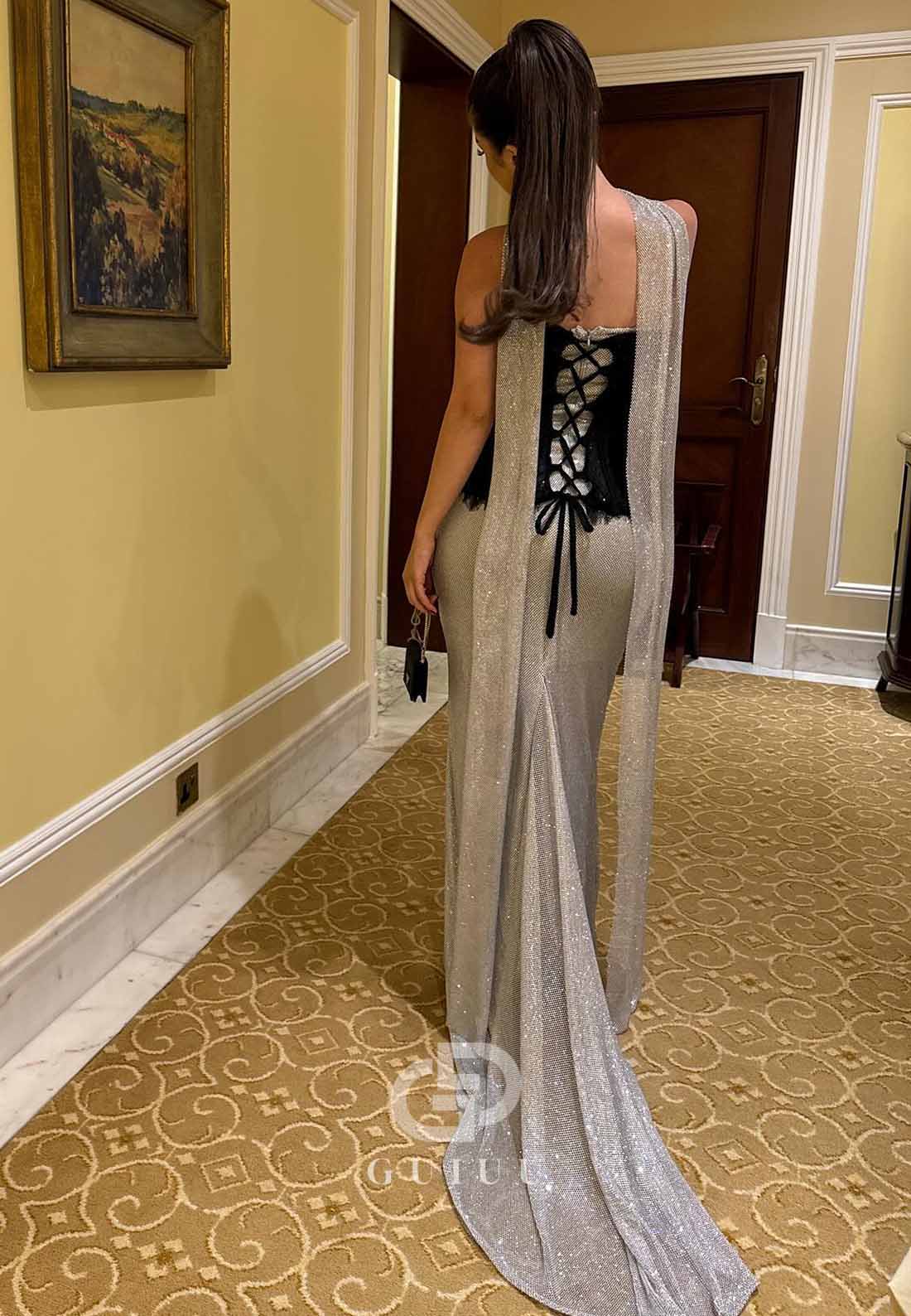 Silver Sleeveless Strapless Corset A-Line Sweep Train Prom Dress