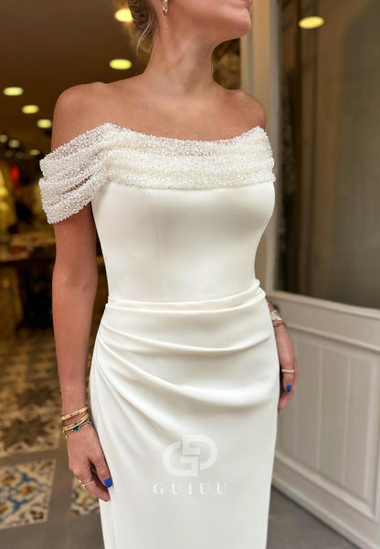 White Cap Sleeves Off-Shoulder Ruched Evening Dress