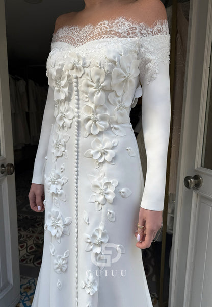 Long Sleeves Off-Shoulder Appliques A-Line Wedding Dress