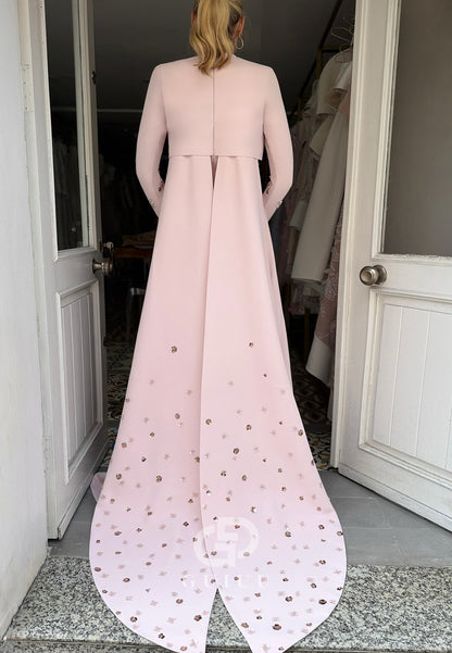 Blushing Pink Long Sleeves Scoop Sequins A-Line Evening Dress