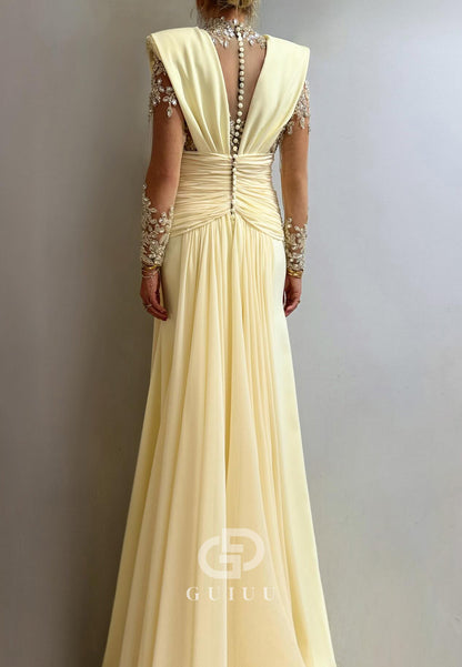 Daffodil Long Sleeves V-Neck A-Line Chiffon Mother of the Bride Dress