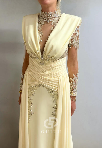 Daffodil Long Sleeves V-Neck A-Line Chiffon Mother of the Bride Dress