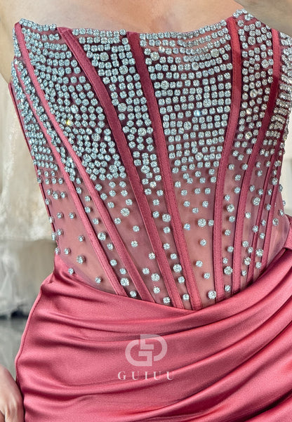 Flamingo Strapless Sleeveless Sequins Ruched Evening Dress