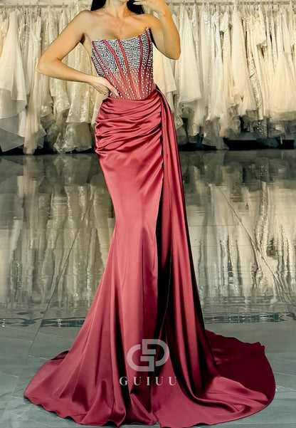 Flamingo Strapless Sleeveless Sequins Ruched Evening Dress