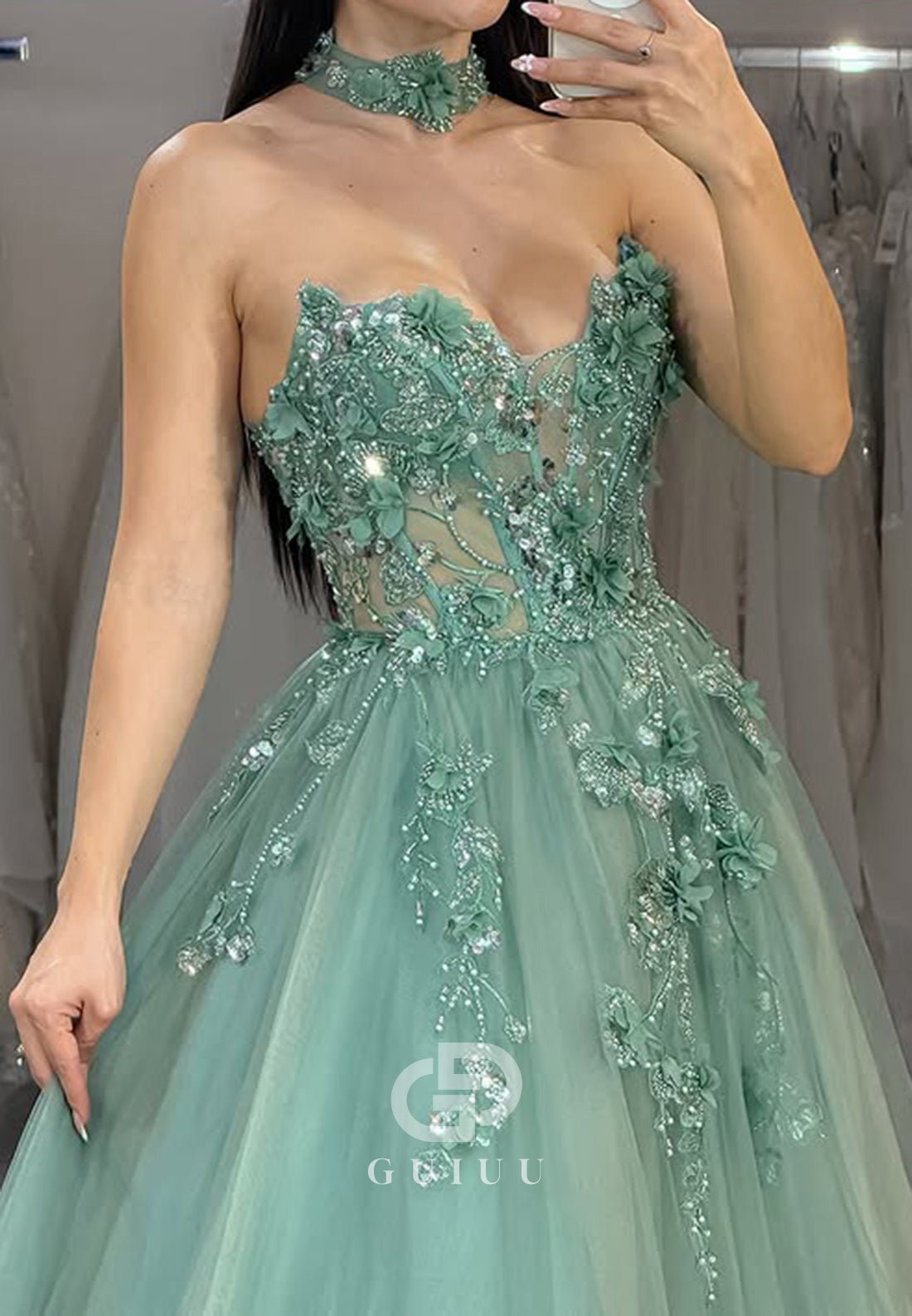 Dusty Sage A-Line Sleeveless Strapless Prom Dress with Appliques Lace Evening Dress