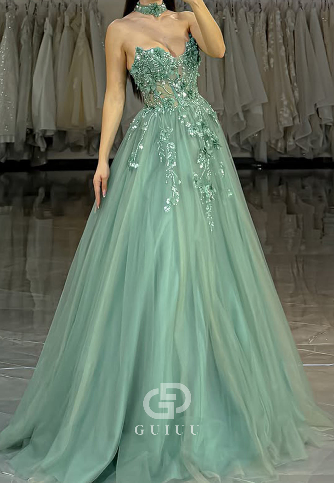 Dusty Sage A-Line Sleeveless Strapless Prom Dress with Appliques Lace Evening Dress
