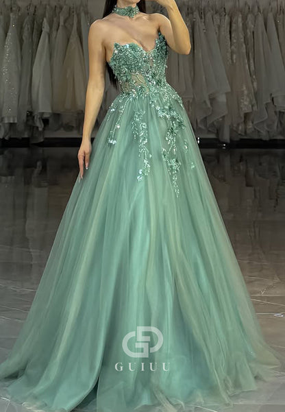 Dusty Sage A-Line Sleeveless Strapless Prom Dress with Appliques Lace Evening Dress
