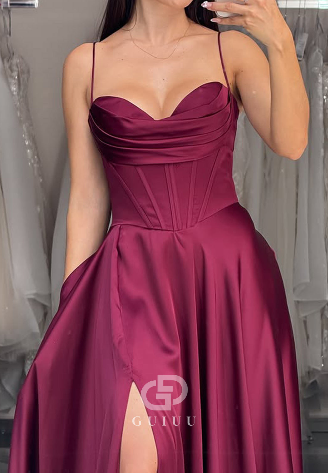 Mulberry A-Line Spaghetti Straps Sweetheart Prom Dress with Slit