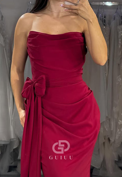 Burgundy Sleeveless Strapless Prom Dress with Slit