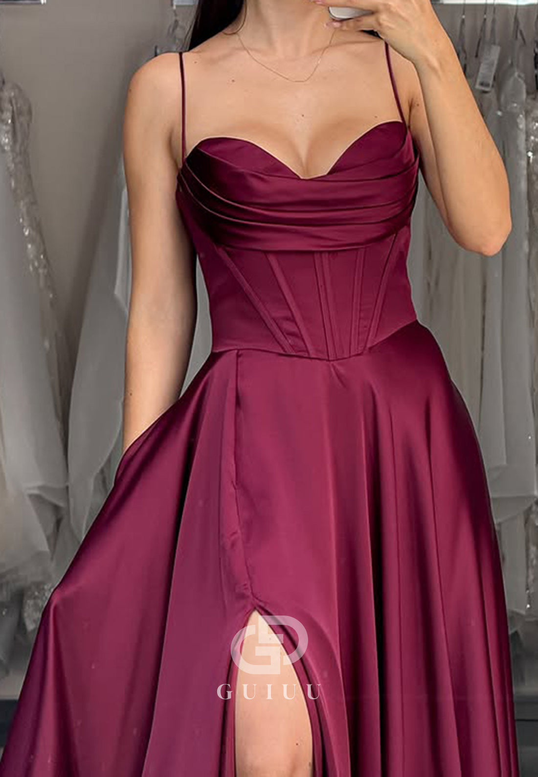 Mulberry A-Line Spaghetti Straps Sweetheart Prom Dress with Slit