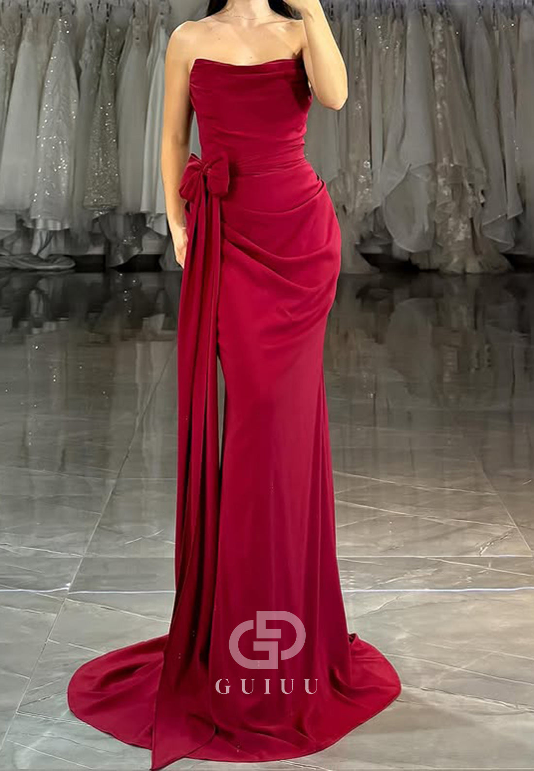 Burgundy Sleeveless Strapless Prom Dress with Slit