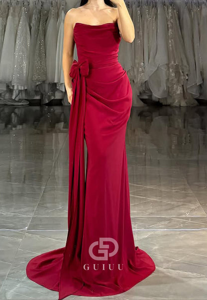 Burgundy Sleeveless Strapless Prom Dress with Slit