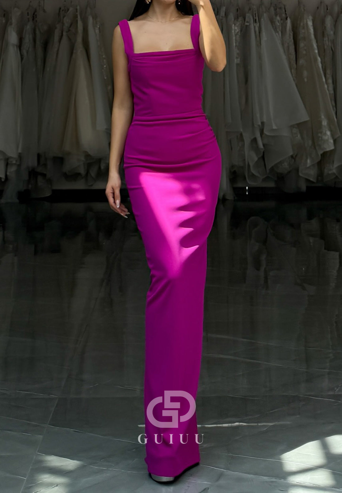 Simple Spaghetti Straps Square Ruched Sheath Evening Dress