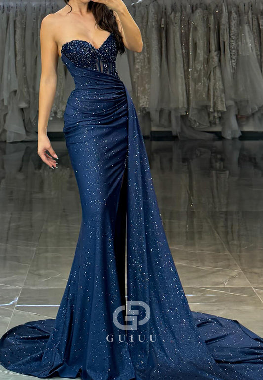 Dark Navy Sleeveless Strapless Ruched Corset Evening Dress