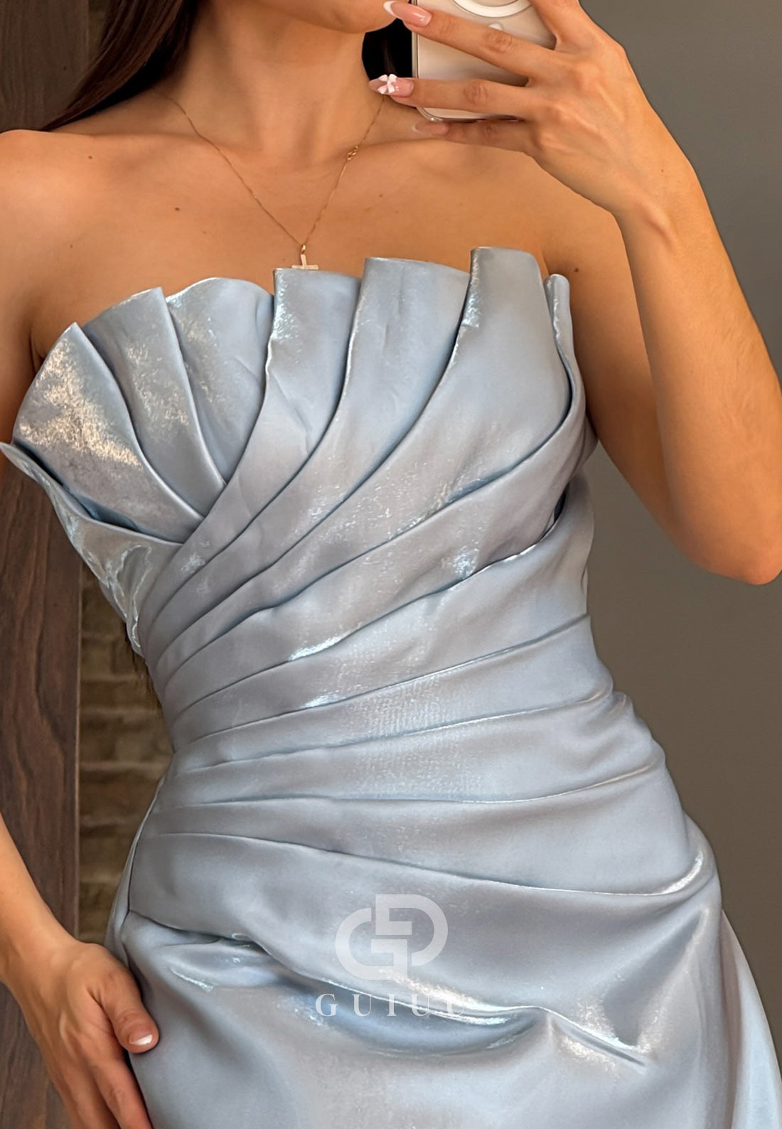 Sky Blue Strapless Sleeveless Ruched Sweep Train Evening Dress