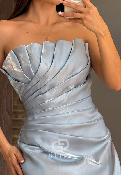 Sky Blue Strapless Sleeveless Ruched Sweep Train Evening Dress
