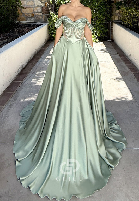 Mint Green Off-Shoulder Sleeveless Beads Corset Prom Dress