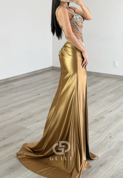 Spaghetti Straps Sweetheart Ruched Beads Evening Dress