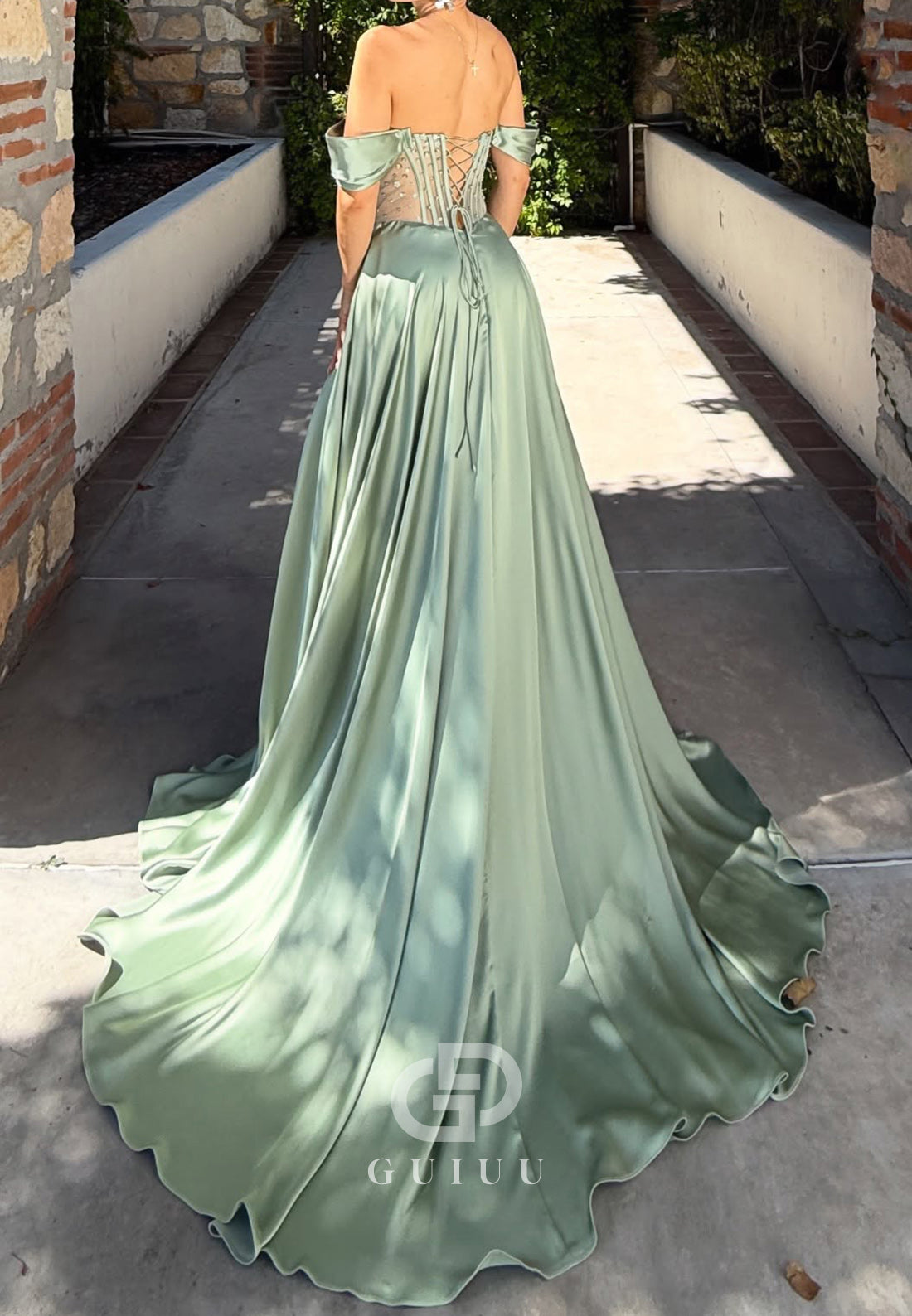 Mint Green Off-Shoulder Sleeveless Beads Corset Prom Dress