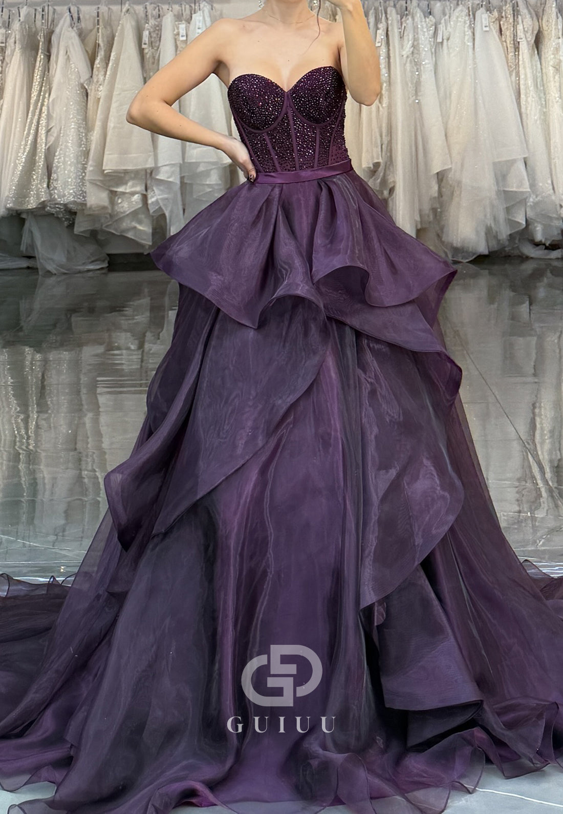 Grape A-Line Sleeveless Sweetheart Ruffles Evening Dress