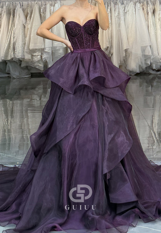 Grape A-Line Sleeveless Sweetheart Ruffles Evening Dress