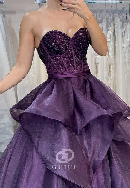 Grape A-Line Sleeveless Sweetheart Ruffles Evening Dress