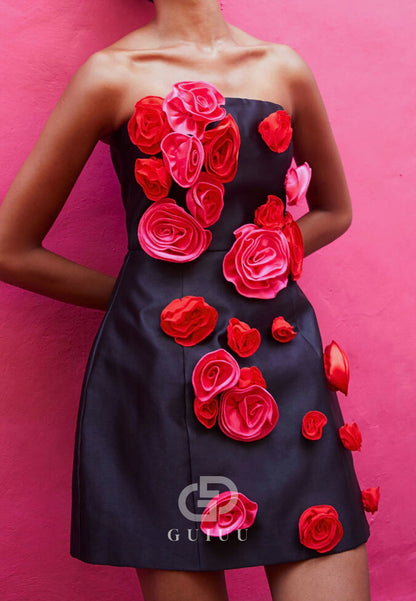 Black A-Line Floral Appliques Mini Homecoming Dress