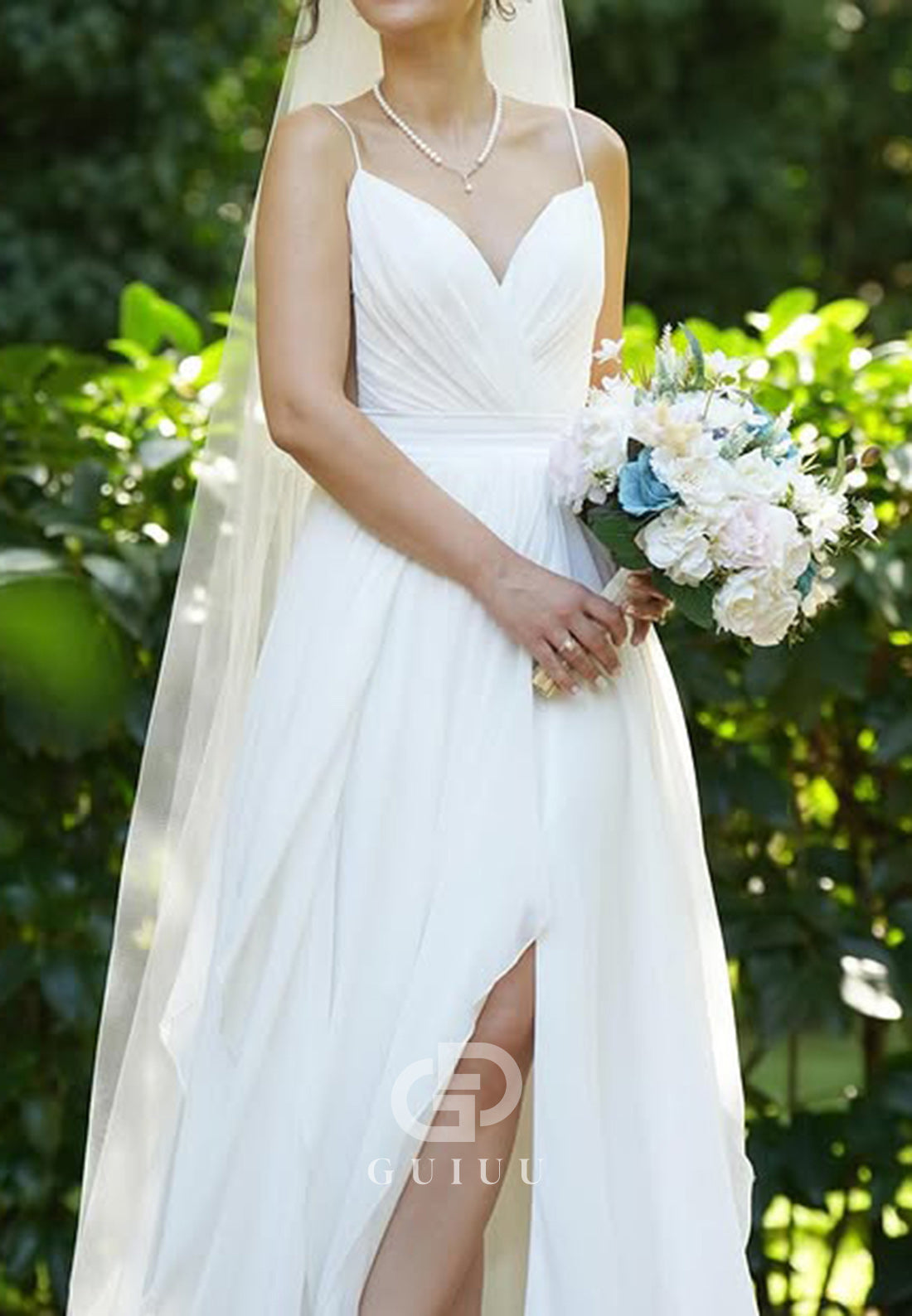 Simple Spagheeti Straps Sweetheart Slit A-Line Wedding Dress