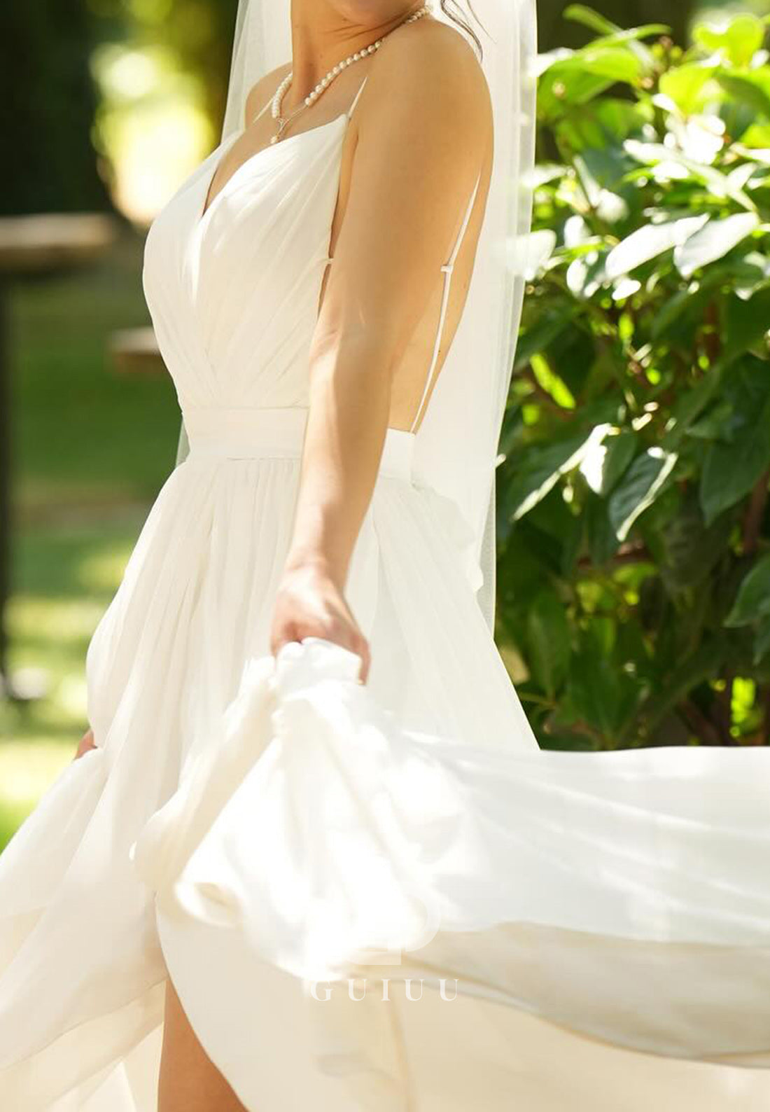 Simple Spagheeti Straps Sweetheart Slit A-Line Wedding Dress