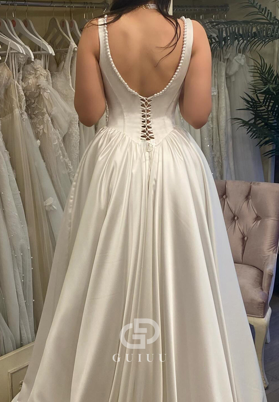 Spaghetti Straps Square Pearls Satin Wedding Dress