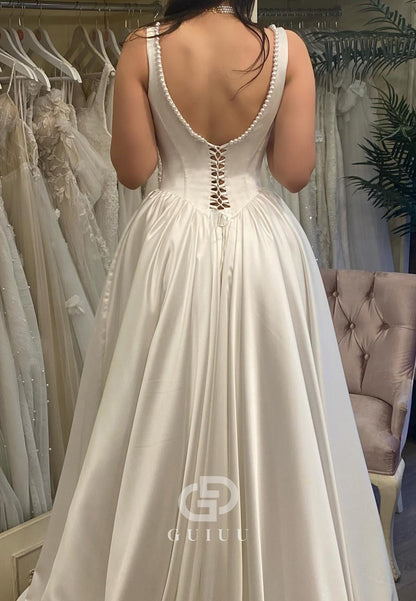 Spaghetti Straps Square Pearls Satin Wedding Dress