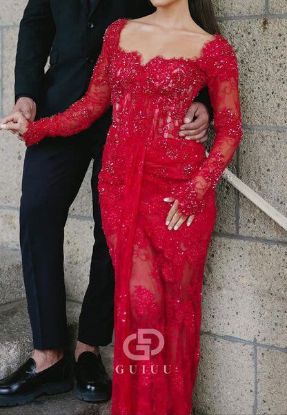 Red Long Sleeves Sweetheart Ruched Sheath Prom Dress