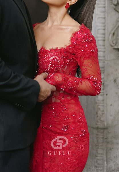 Red Long Sleeves Sweetheart Ruched Sheath Prom Dress
